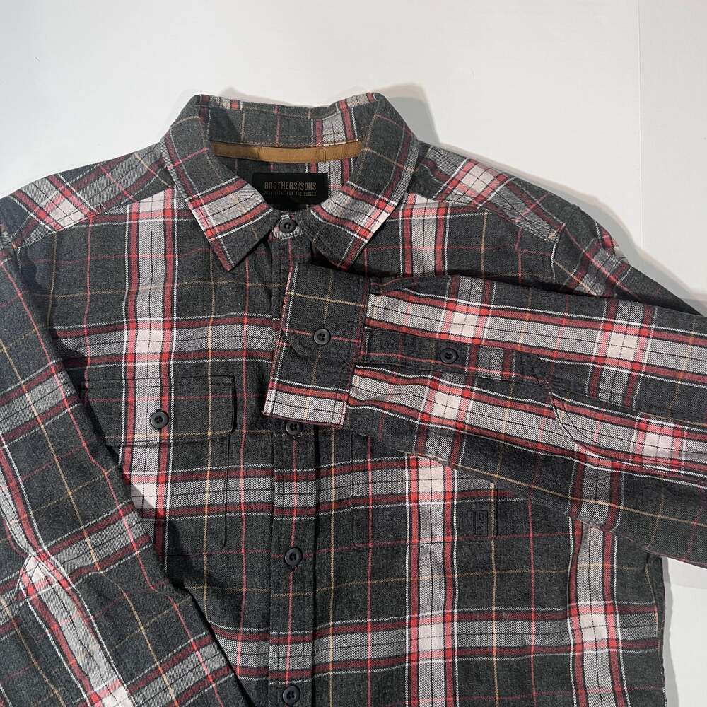 Brothers/Sons Men's Grey & Red Everyday Plaid Flannel Shirt Med